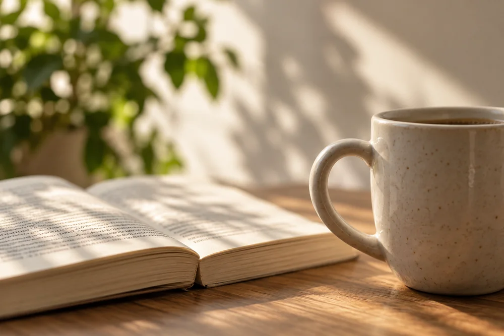 Illustrative coffee and book in warm afternoon light