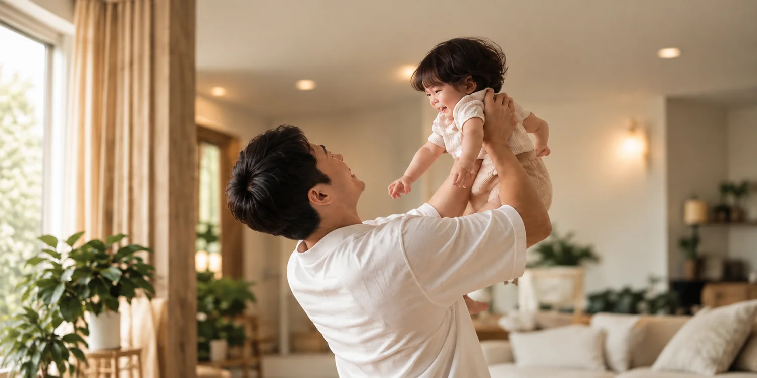 Illustrative father and child sharing a playful moment