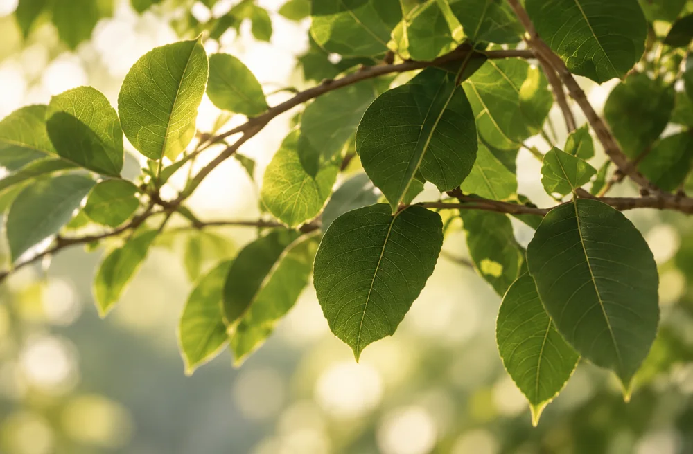 Illustrative sunlight through green leaves