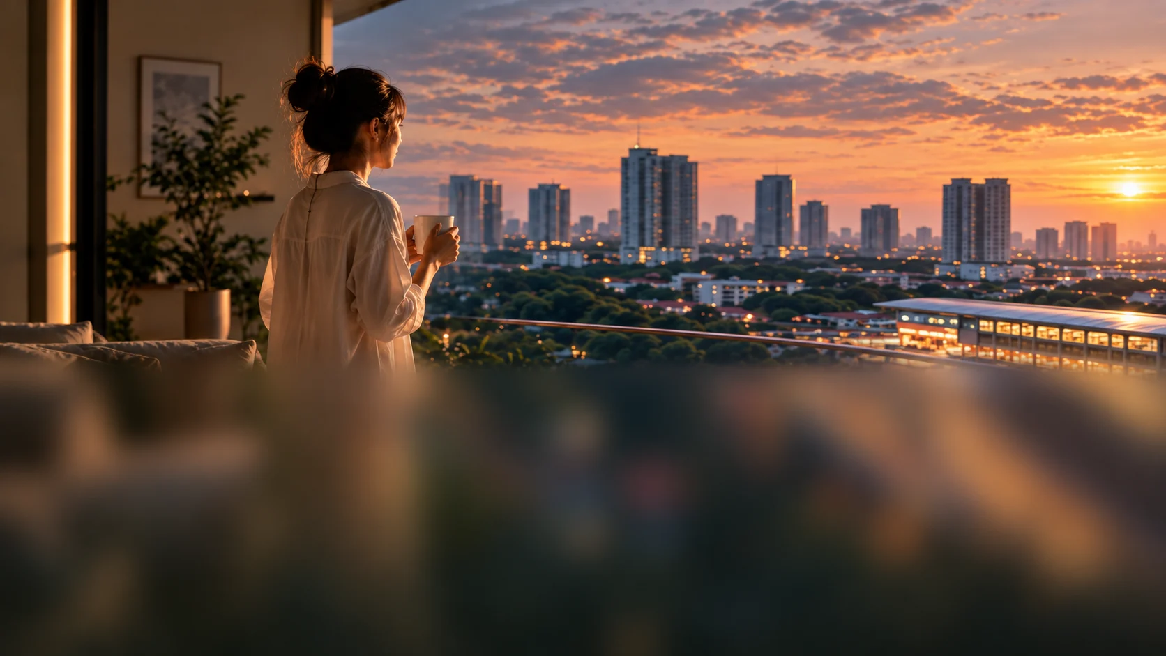 Illustrative sunset scene with a woman holding a cup by a city-facing balcony; not an actual project view