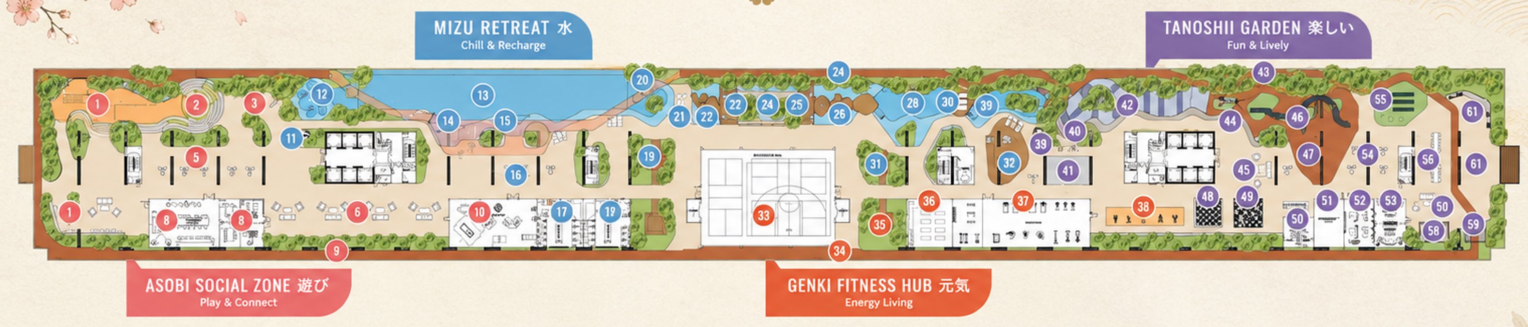 Official Level 11 facilities plan for HĀN-YĀ WAHYU showing the Asobi Social Zone, Mizu Retreat, Genki Fitness Hub and Tanoshii Garden