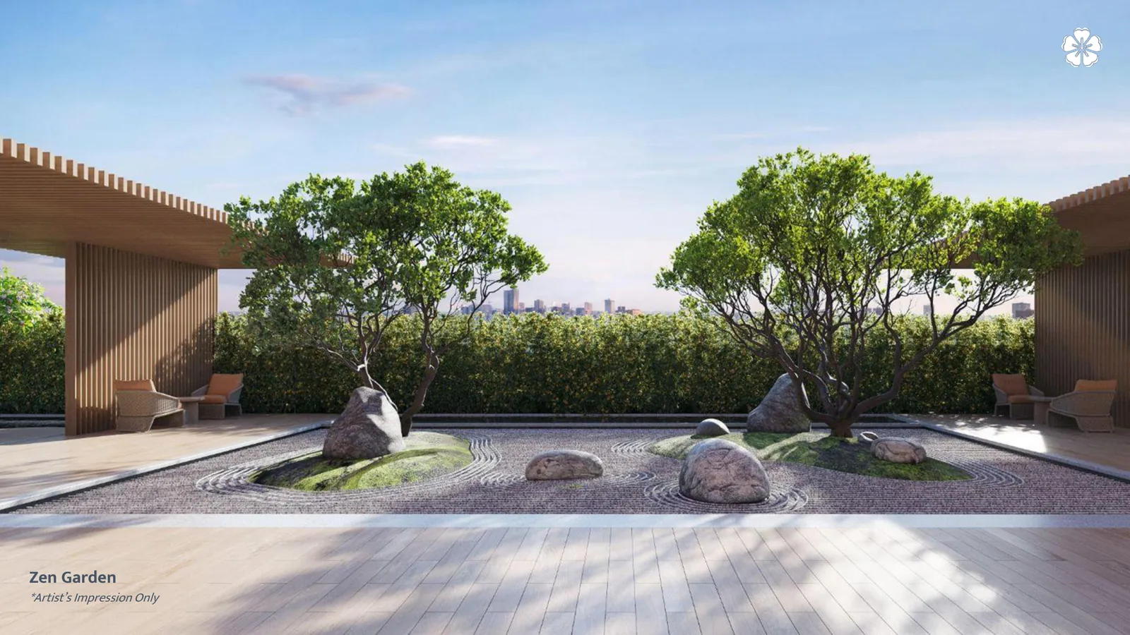 Artist’s impression of the zen garden at HĀN-YĀ WAHYU framed by timber pavilions