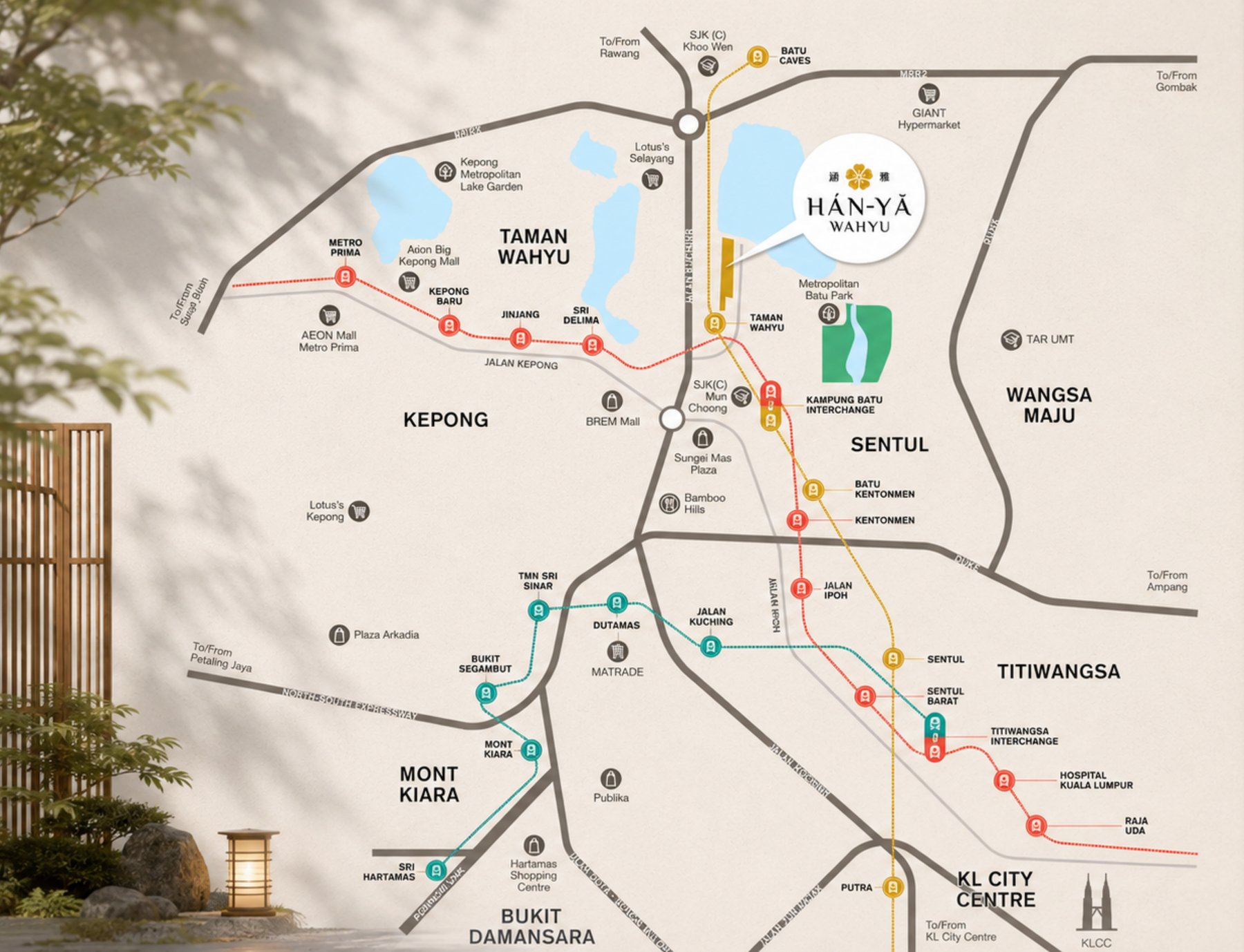 Official HĀN-YĀ WAHYU location map showing the development on Jalan Kuching and Taman Wahyu KTM Station, with surrounding districts of Kepong, Sentul and the KL city centre
