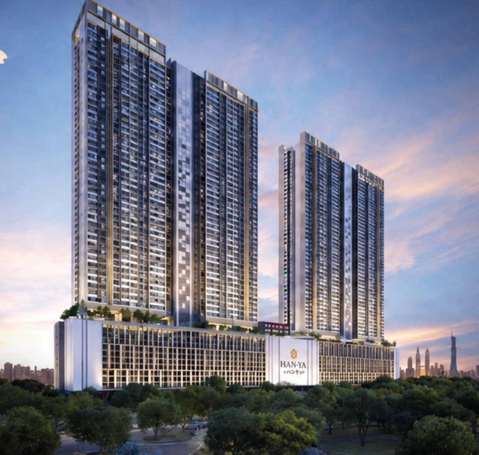 Artist’s impression of the two HĀN-YĀ WAHYU towers above the landscaped podium at dusk