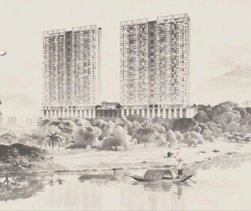 Ink-wash design-concept artwork of the HĀN-YĀ WAHYU towers above a lakeside landscape